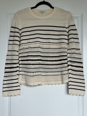 NWOT MADEWELL Open-Stitch Beach Sweater 100% Cotton Ivory Chocolate Stripe M